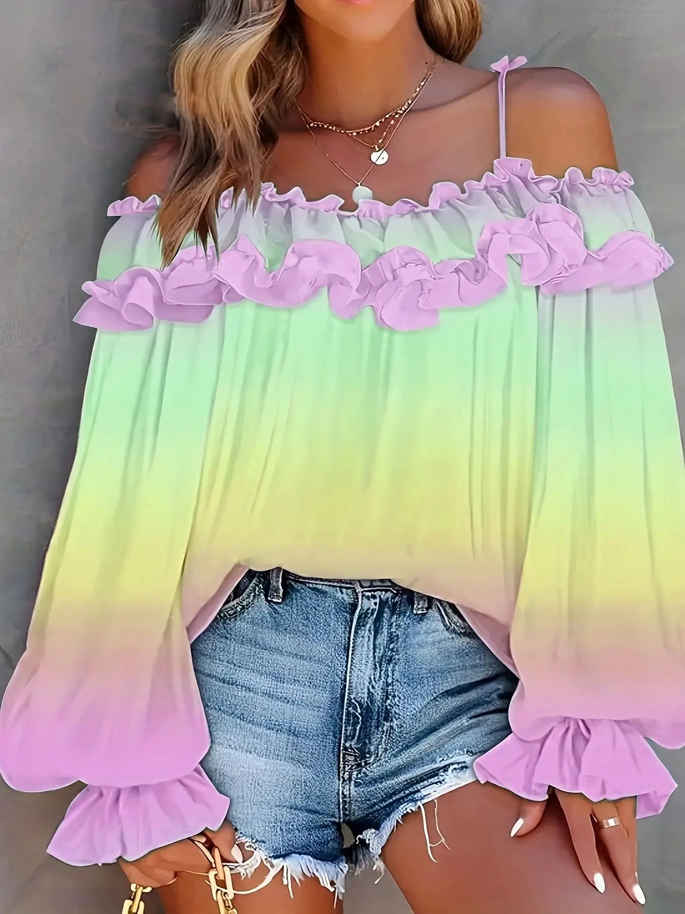 

Fashion Gradient Large Size T-shirt Loose Comfortable Daily Commuting Tops Long Sleeves Off-shoulder Suspenders Woman Clothes