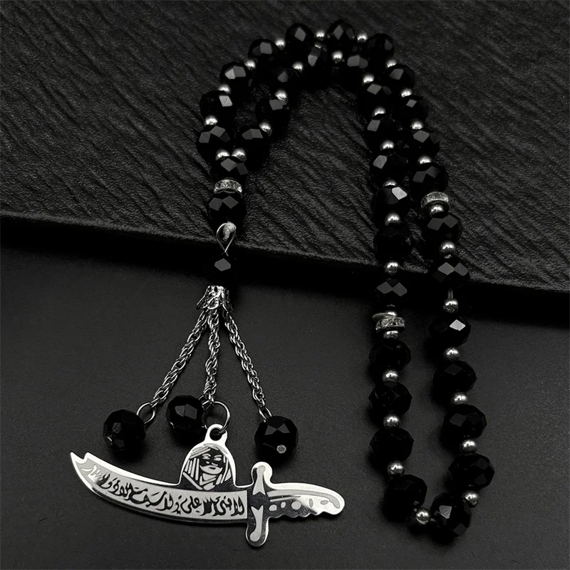 Islamic Imam Ali Zulfiqar Sword Car Pendant for Women Men Stainless Steel Gold Color Arabic Religion Glass Beads Chain Jewelry - view 3