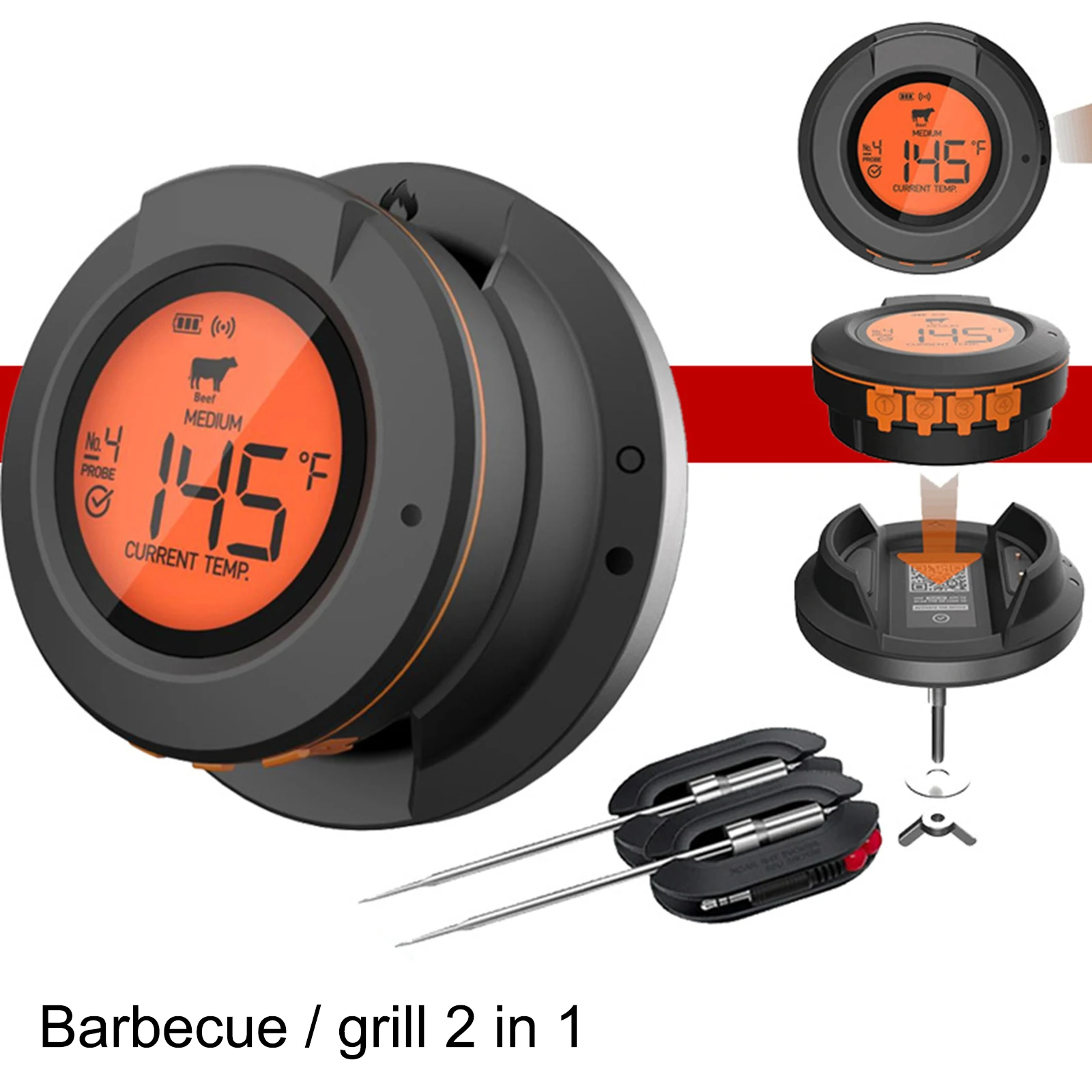 

Intelligent Wireless Grill Thermometer Multifunctional Barbecue Grill Thermometer Support 4 Probes Kitchen Food Temperature