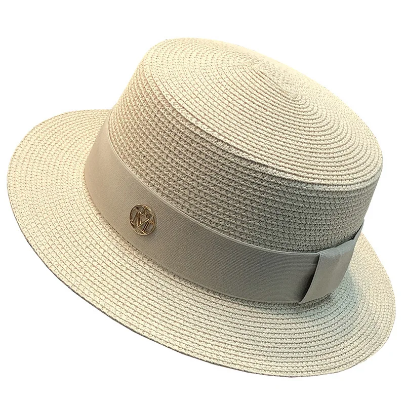 Women French Flat Top Straw Hat Elegant Ladies Sun Hat Beach Vacation Anti-UV Shading Summer Fashion Headwear 5