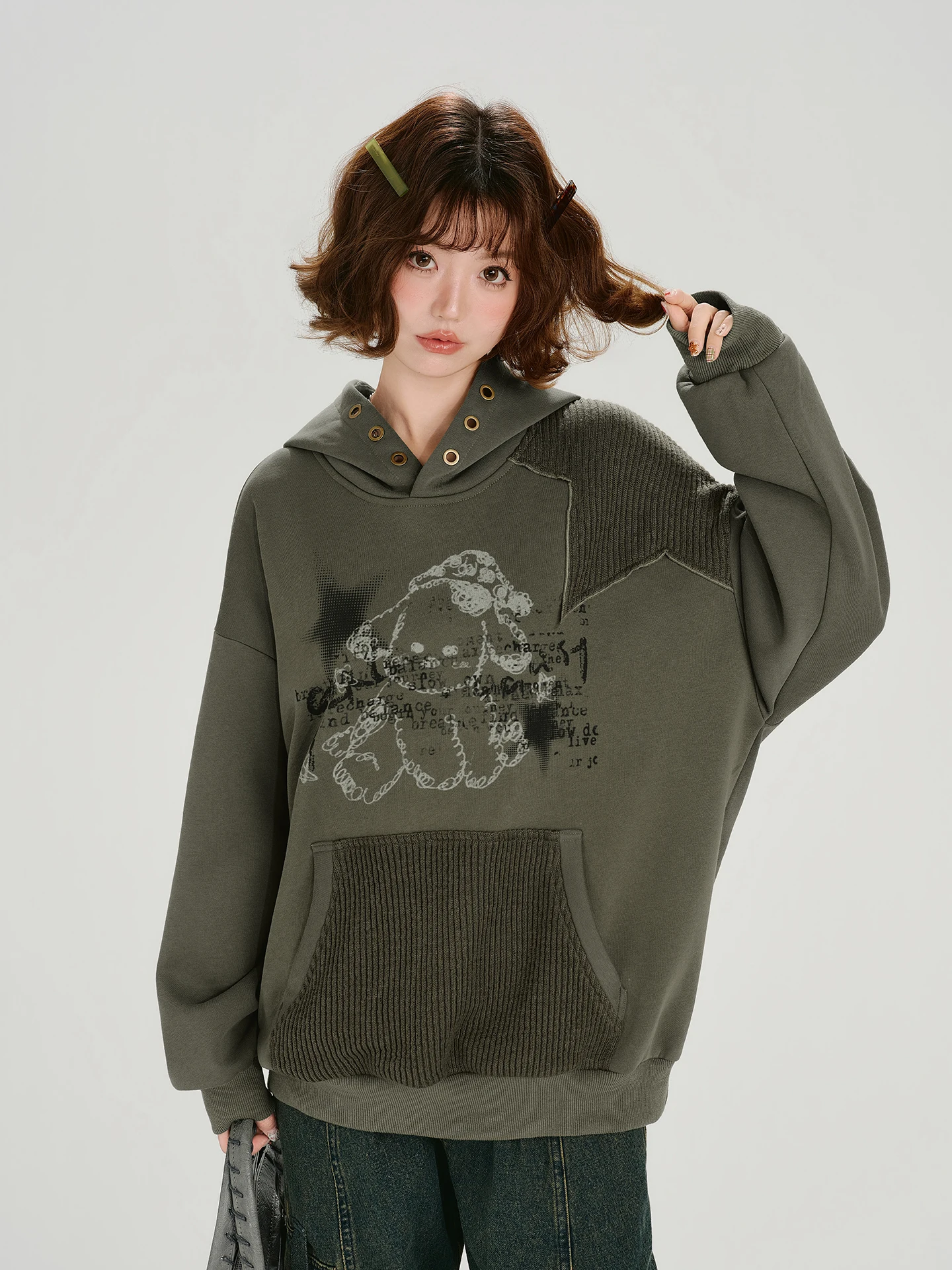 Girlyhalo American Style Retro Hooded Printed Patchwork Fleece Women's Loose Casual Sweatshirt Autumn Winter New Arrival