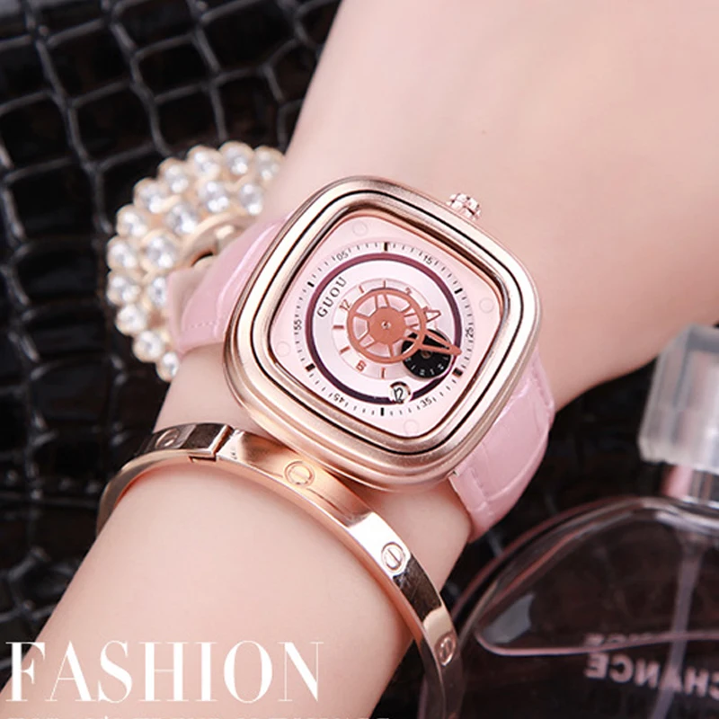 Fashion Brand Large Dial Square Woman Calendar Clock Hight Quality Genuine Leather Luxury Ladies Gift Quartz Dress Wrist Watches