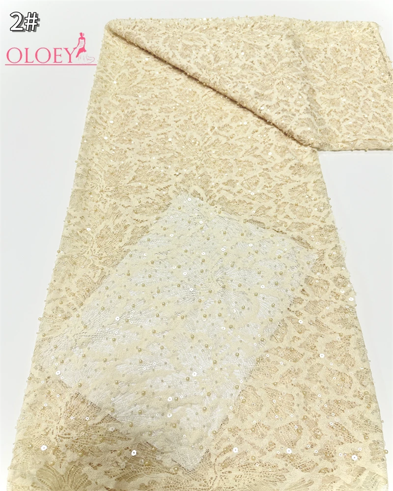 OLOEY 2025 French Embroidery Beaded Lace Fabric with Sequins African Nigerian Style for Wedding Dresses Fashionable 2025 Trend
