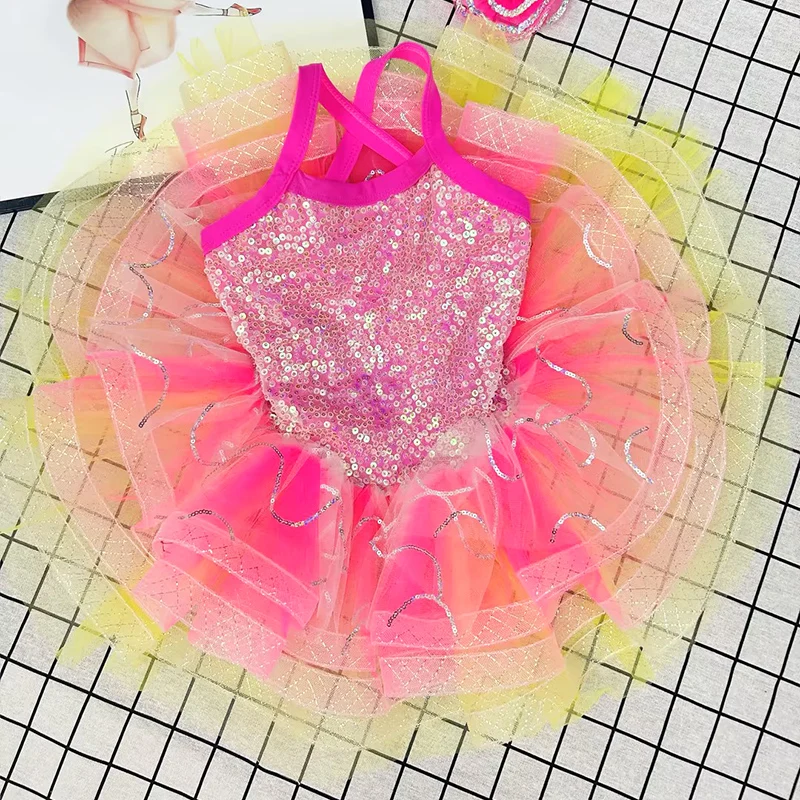 Girls' Pink Sequin Ballet Dress with Layered Tulle Skirt and Flower Headpiece Cross Back Dance Costume