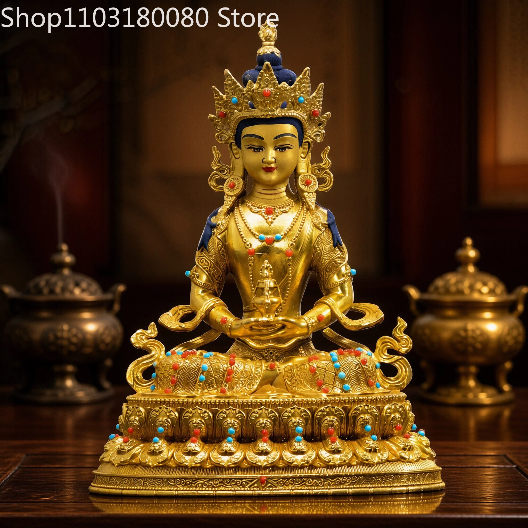 15cm Brass Gilt Amitayus Buddha Statue Inlaid Tibetan Buddhist Ksitigarbha Longevity Deity Sculpture