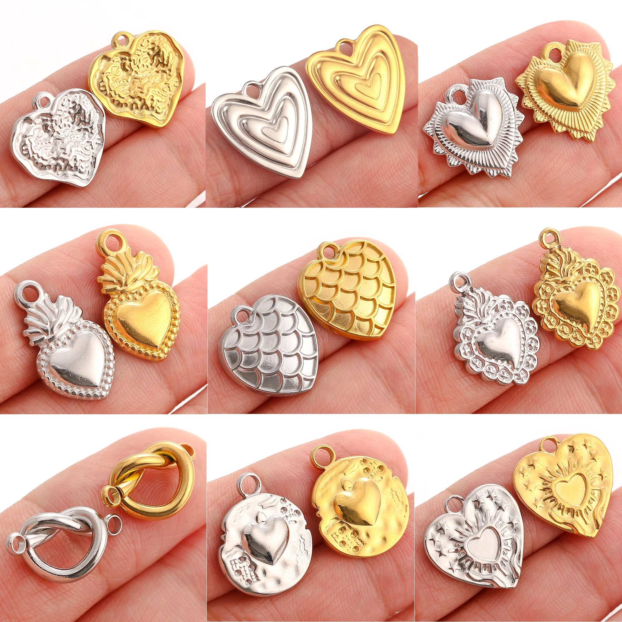 3Pcs Heart Connector Pendant for Bracelet Necklace Stainless Steel Love Flaming Sacred Heart Charms Diy Valentine Jewelry Making