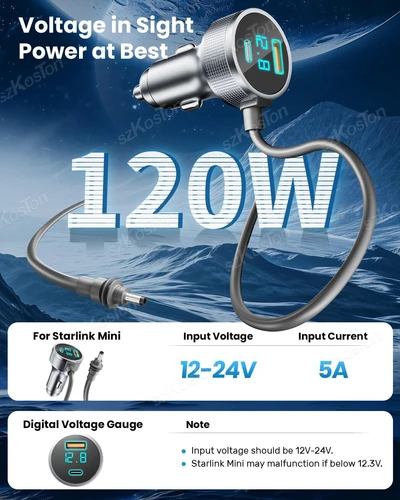 Imagen 2 del producto Cargador de coche de 10-16,4 pies, Cable de alimentación CC para Mini accesorios Starlink, Cable de alimentación USB, adaptador de encendedor de cigarrillos con pantalla Digital