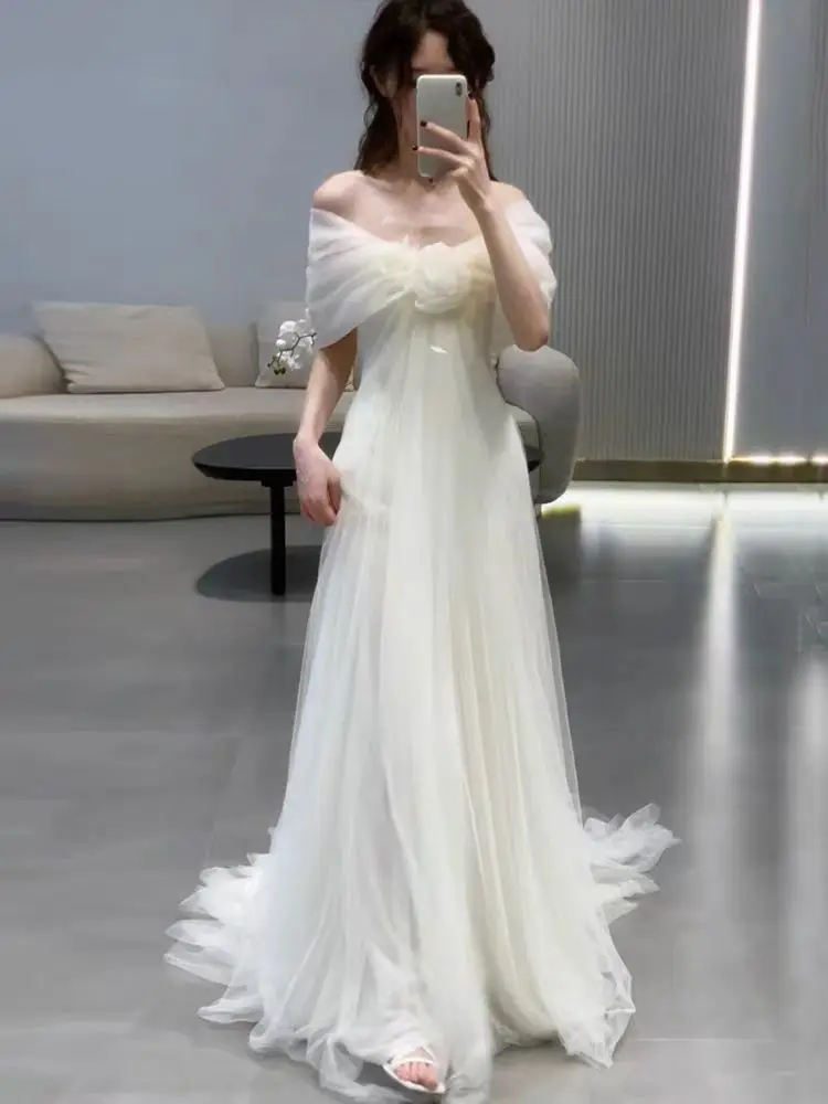 

Ele One-oulder White Flower Wedding Dr Fairy Aosphere Evening Gown Formal Ocn Long Tail Morning Robe Cotail...