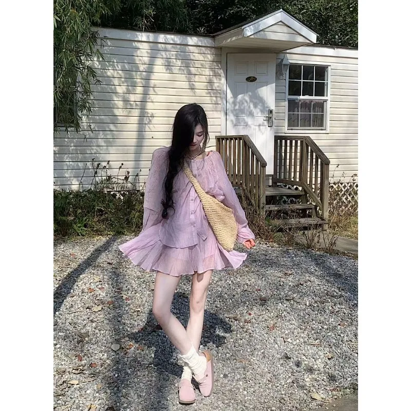 レディース ライトパープル シフォン フリル ドレス 長袖 スモック カジュアル ミニドレス