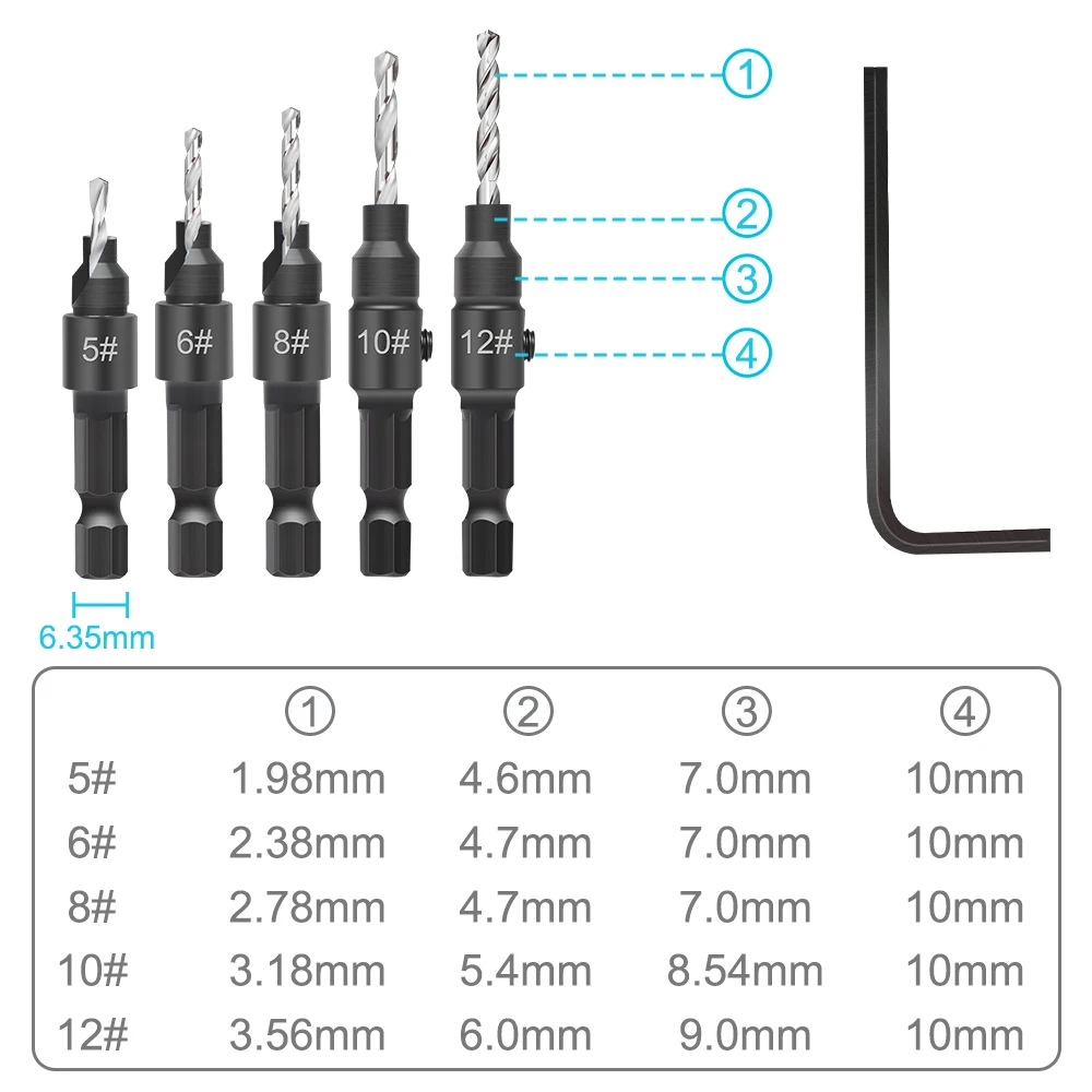 XCAN Juego de brocas avellanadoras de 5 piezas, orificio piloto de perforación de vástago hexagonal de 1/4" con llave en L # 5 # 6 # 8 # 10 # 12 para herramientas de carpintería de bricolaje
