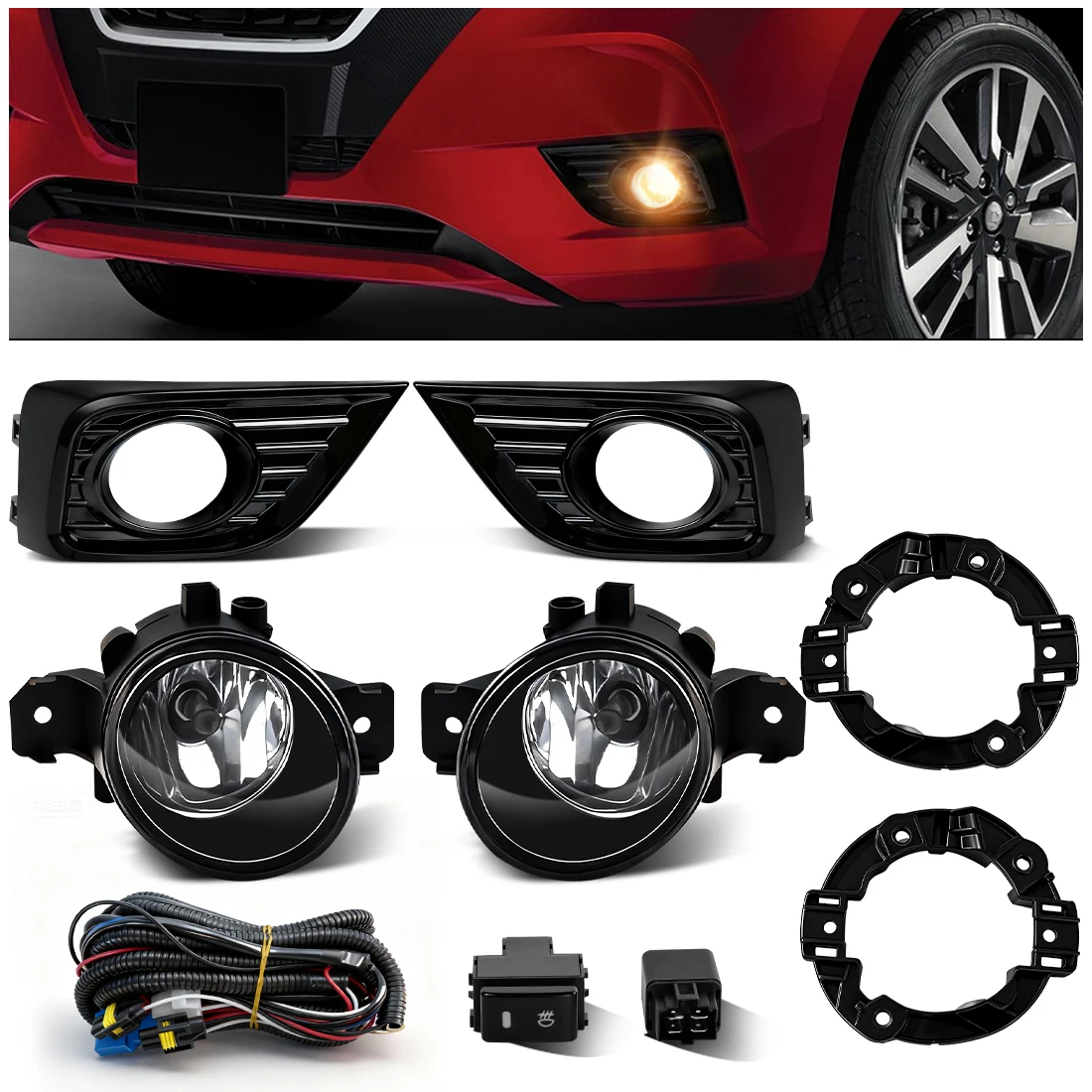 

2PCS Fog Lamps For Nissan March 2021 2022 Car Front Bumper Daylights DRL Halogen Foglights with Auto Frame Covers Wires Relay