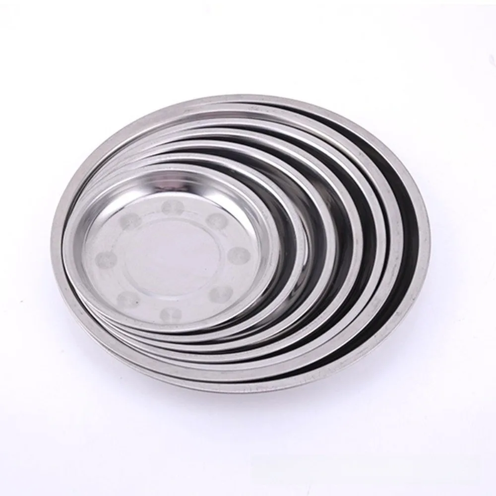 Non-Magnetic Stainless Steel Plates 14-28cm Multi-Size Round Shape Metal Serving Platter Deep Design Reusable Flat Dinnerware
