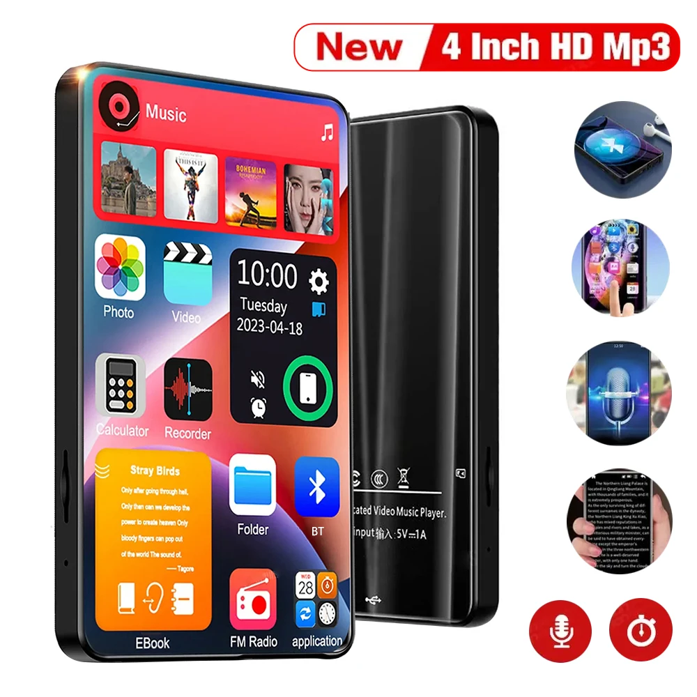 

New HD MP3 MP4 PlayerFull Touch Screen Bluetooth 5.2 Walkman 16GB Built-in SpeakerMusic Player FM Radio Recording Ebook