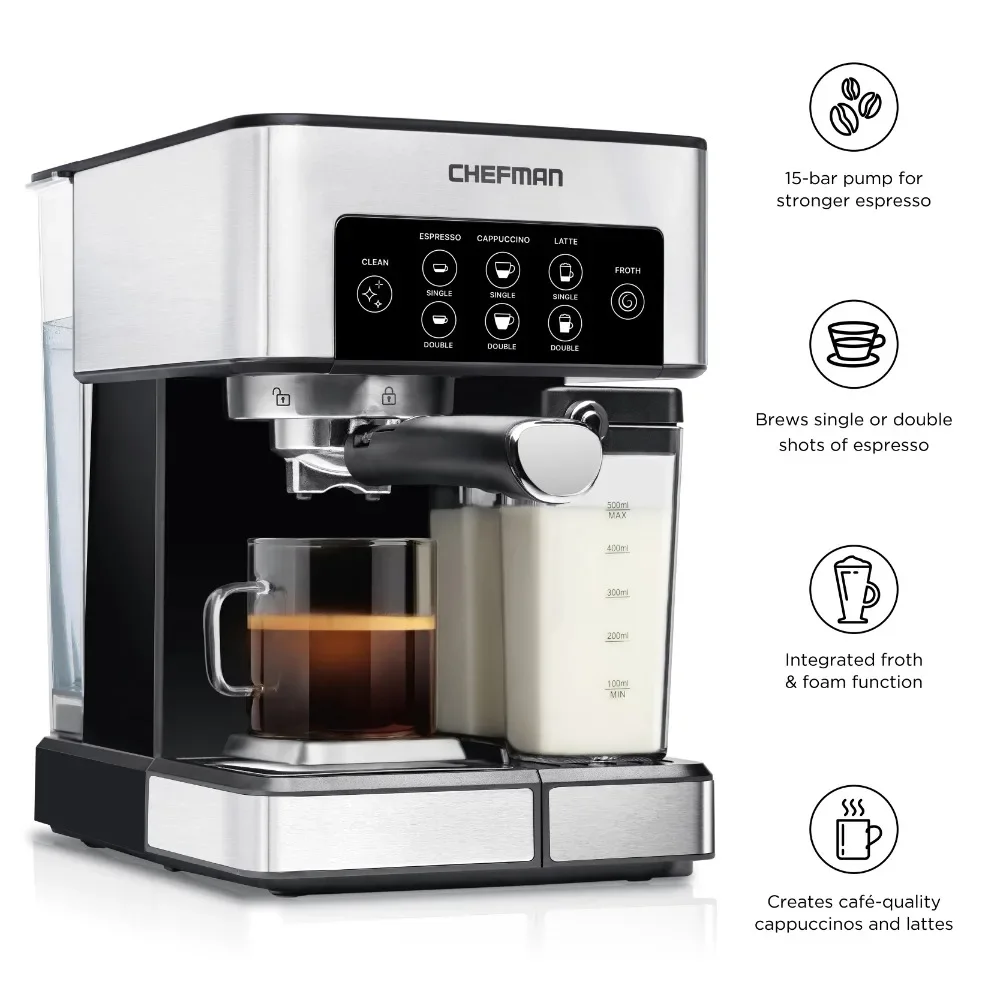 Chefman 1.8L Barista Pro Espresso, Cappuccino and Latte Machine with Milk Frother, Stainless Steel