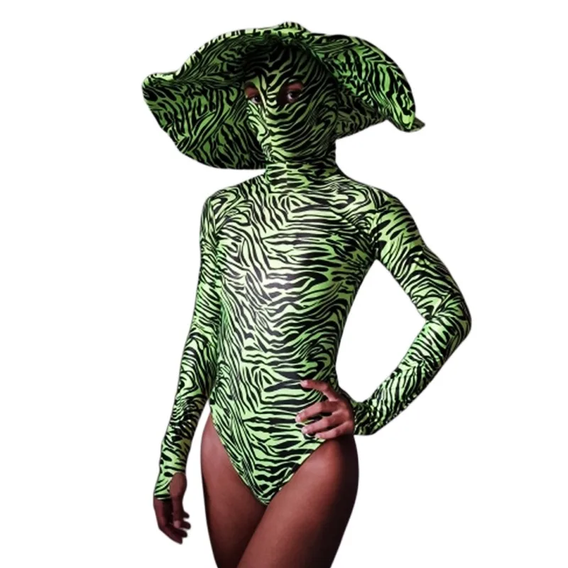 Big Hat Women Nightclub Costume Green Black Zebra Stripes Bodysuit Dance Team Jazz DJ Performance Leotard Party Rave Stage Wear