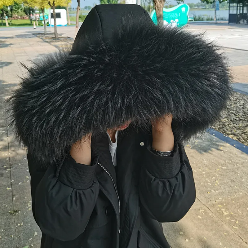 100% Real Fur Collar Natural Raccoon Fur Scarves Women Winter Coat Hat Hoodie Collar Neck Cap Long Warm Genuine Fur Scarf