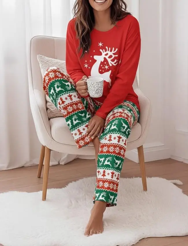 2 ピース衣装 トナカイプリント長袖ドロップショルダートップとクリスマスプリントカラーブロック弾性ウエストパンツセットパジャマセット