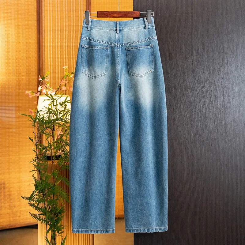 New Chinese-Style Tencel Casual Loose Jeans for Women 2026 Autumn New High-Waisted Slimming Embroidered Long Pants for Women
