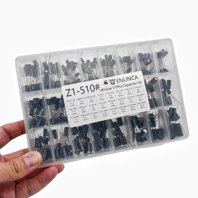 510Pcs/lot 0.1UF-1000UF 24Values Aluminum Electrolytic Capacitors 16-50V mix Electrolytic capacitor Assorted kit and storage box