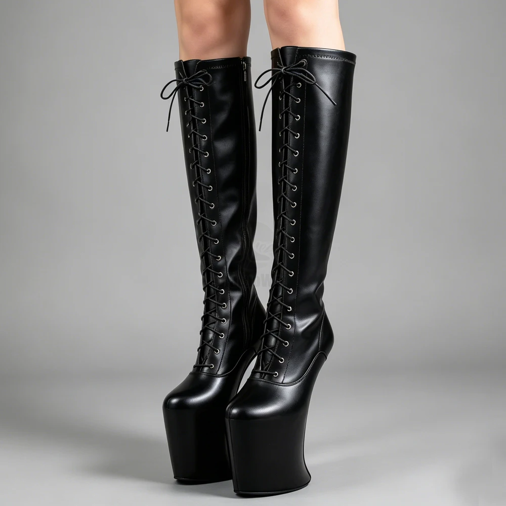Custom 23cm Extreme Asymmetric High Platform Heels Punk Knee High Boots for Unisex Gothic Lace-up Knee-High Goth Party Shoes