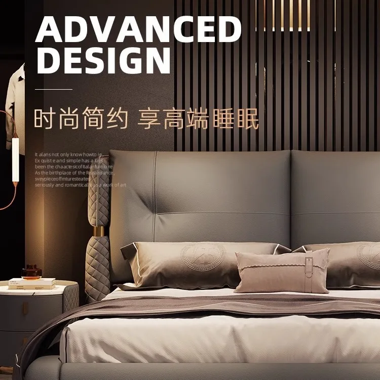 سرير جلدي إيطالي فاخر خفيف وحديث وبسيط وسرير مزدوج مصمم بأجواء راقية وأرضية حقيبة ناعمة لغرفة النوم الرئيسية #2