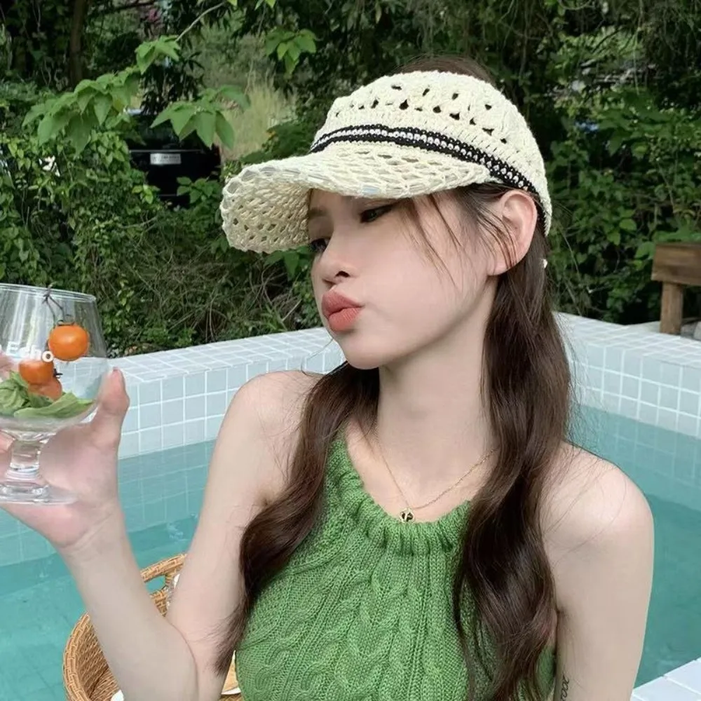 

Casual Sunscreen Crochet Empty Top Cap Sunshade Knitted Hollow Out Visor Hat Foldable Soft Drawstring Hat Streetwear