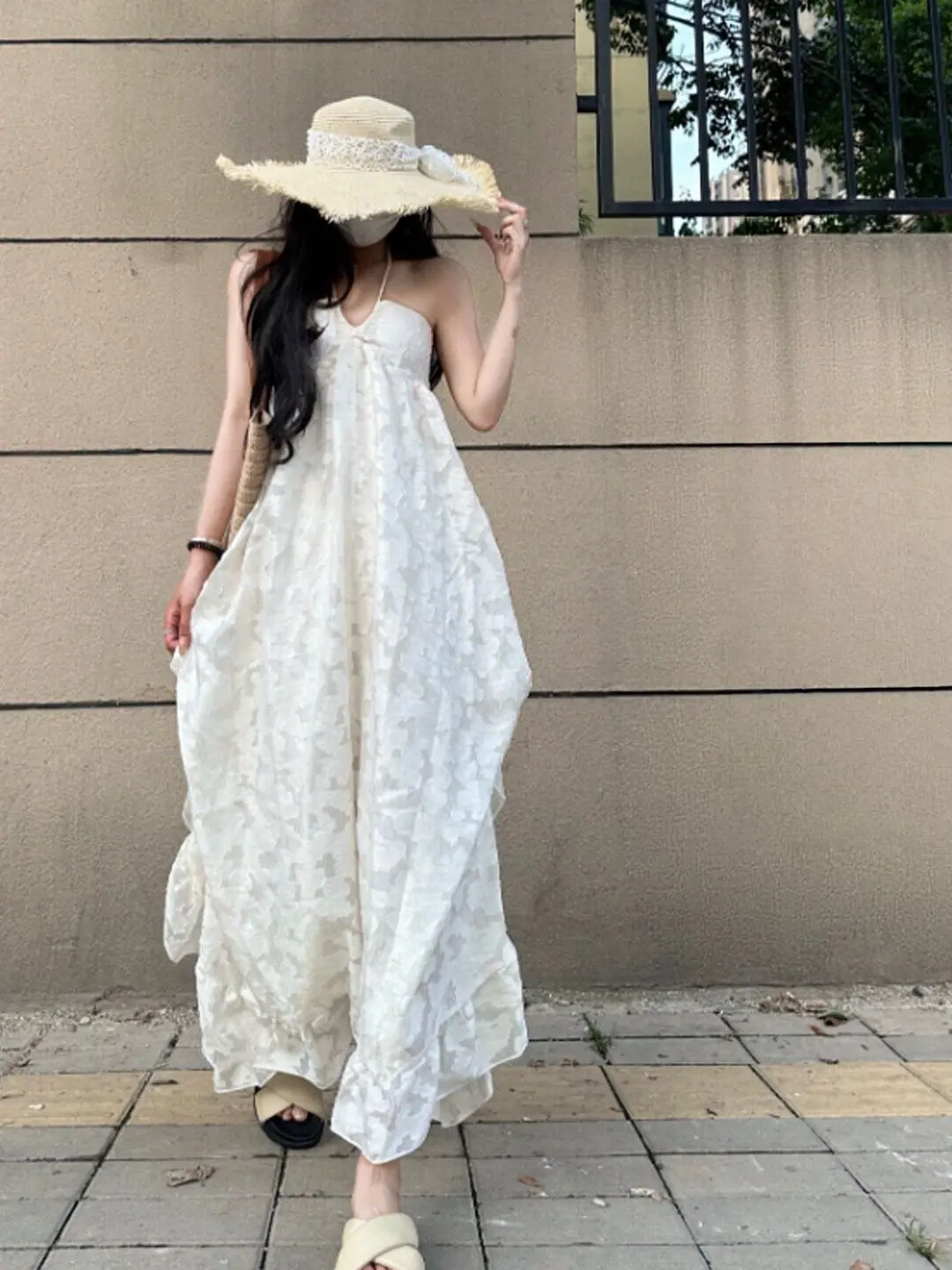 

Elegant Fairy Tale Neck Hanging Long Dress Unique Design Summer 2026 Cotton High Waist Backless Shoulder Bared Casual Dress