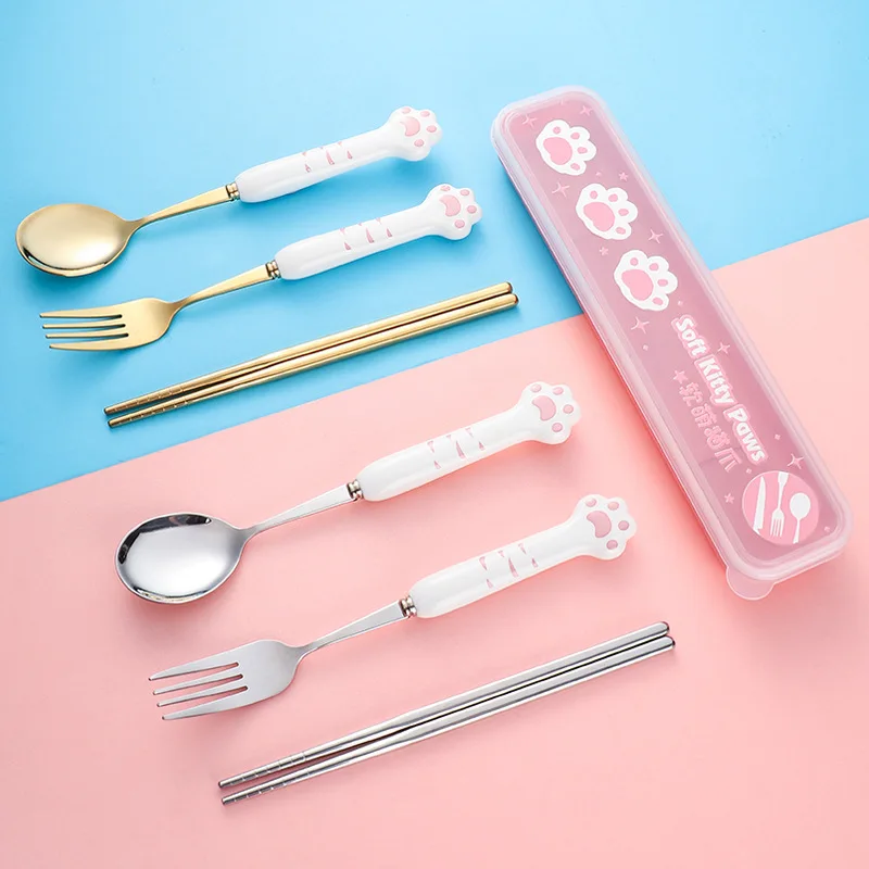 304 Stainless Steel Cute Cat Claw Ceramic Tableware Spoon Fork Chopsticks Cartoon Birthday Gift Tableware Spoon Set