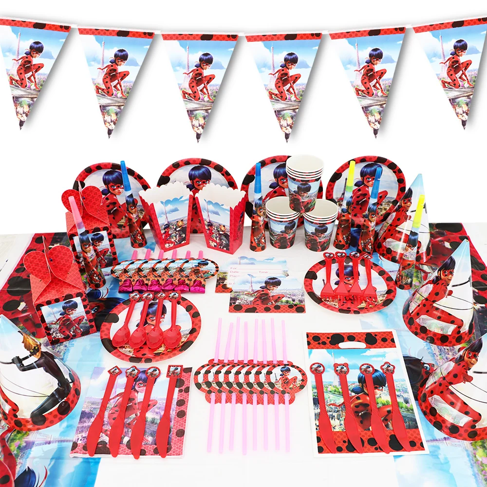 Red LadyBug Girl Themed Birthday Party Balloon Decoration Disposable Tableware Set Baby Shower Background Banner