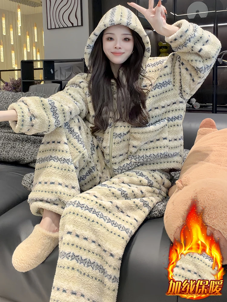 

Autumn and Winter Thickened Set Women 2025 New Loose Lazy Style Geometric Print Hoodie Coat Wide Leg Pants Two Piece Set