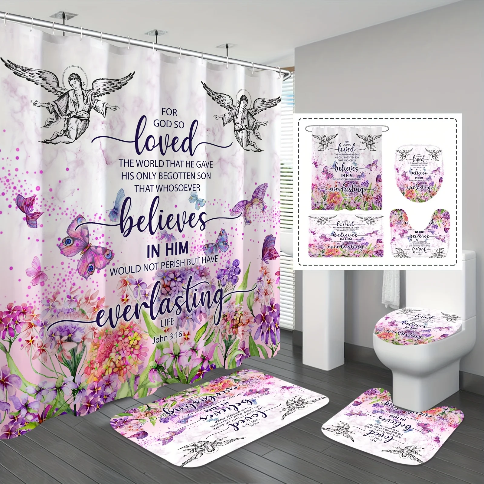 Inspirational Angel Bathroom Four-Piece Set - Featuring a Beautiful Design with Angels, Butterflies, and Uplifting Text, Perfect