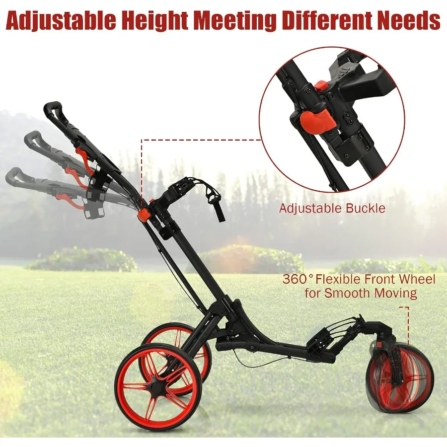 عربة دفع جولف قابلة للطي مع عجلة أمامية دوارة 3 عجلات عربة سحب جولف قابلة للتعديل لسهولة النقل ومعرف تخزين مدمج