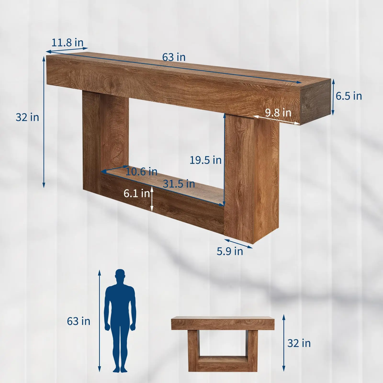 63 Inch Long Farmhouse Entryway Table, Rustic Wooden Sofa Table with Storage Shelf, Easy Assembly, Space Saving Accent Furniture