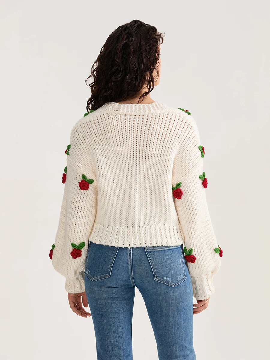 Women Knit Cardigan Long Sleeve Flowers Button Closure Fall Casual Jacket Sweater