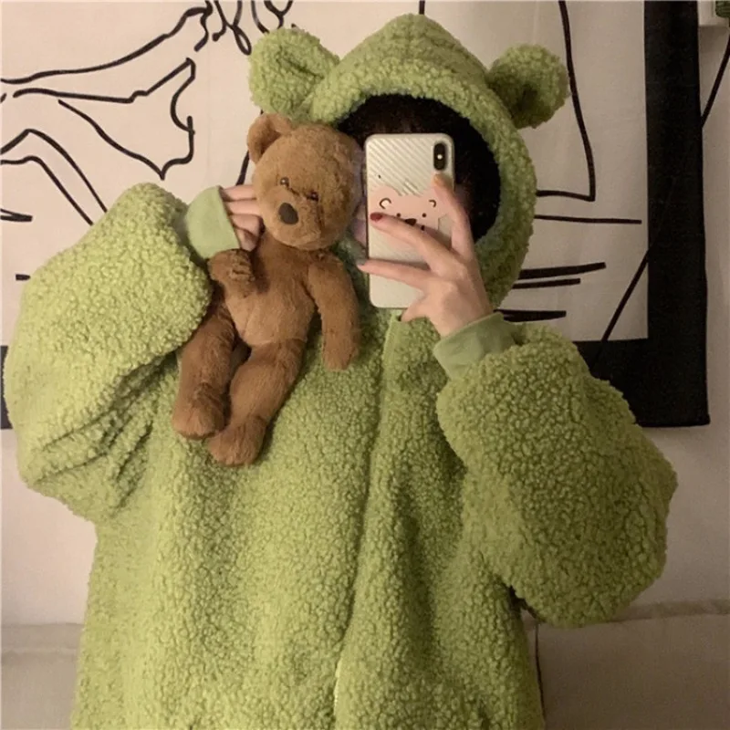 Autumn Winter Frog Eyes Hooded Sweatshirt Women Thicken Keep Warm Kawaii Outwear Tops Zip-up Plush Fleece Oversized Hoodies