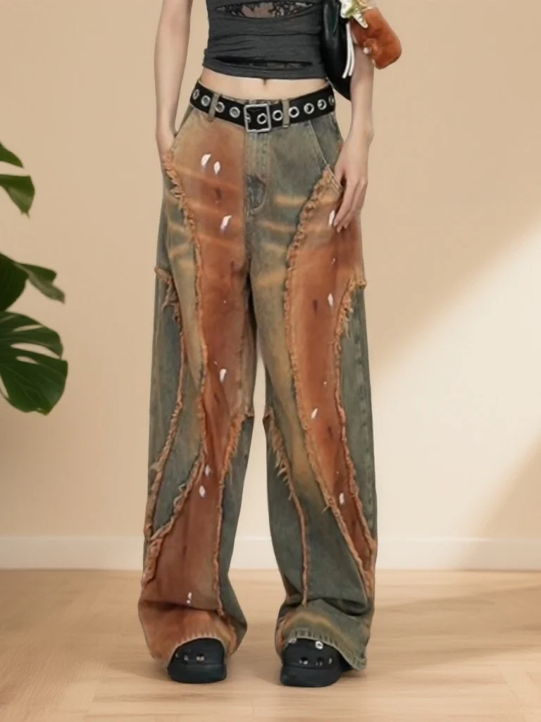 

Ретро-джинсы с высокой талией и широкими штанинами в уличном стиле, с цветными вставками и рваным краем, повседневные, с множеством карманов, модные женские брюки