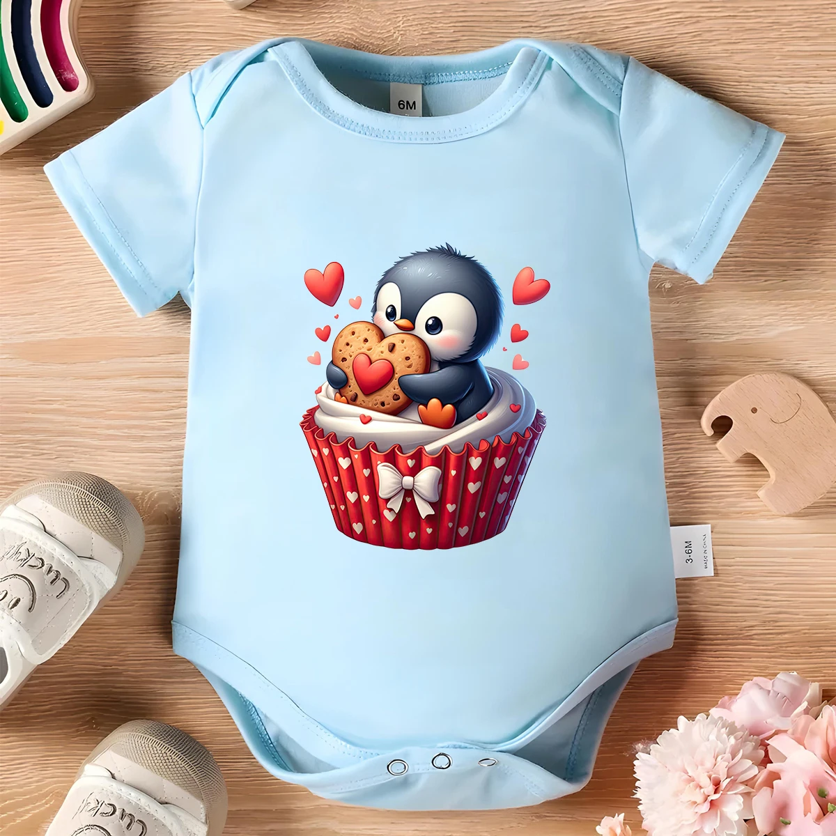 Niedlicher Tier-Cup-Kuchen, 100 % Baumwolle, Babykleidung, Baby-Einteiler, Bodysuit, süßer Aufdruck für 0 bis 12 Monate Neugeborene, kurze Ärmel