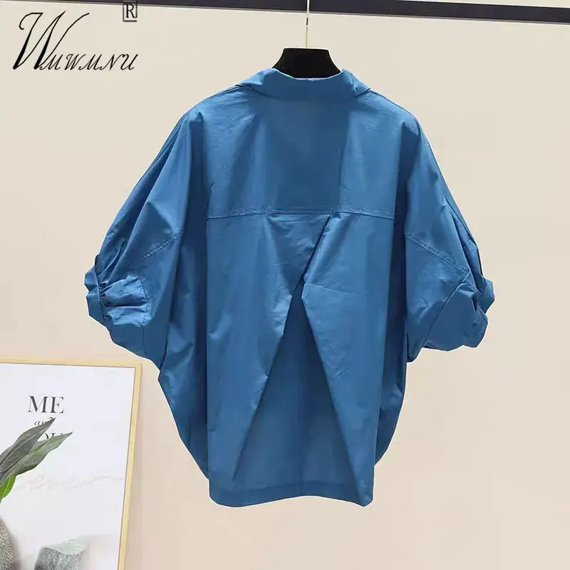 Design Batwing Sleeve Summer Blouses Big Size 3xl Thin Shirts Women Single Breasted Lapel Casual Blusas Drawstring Loose Tops