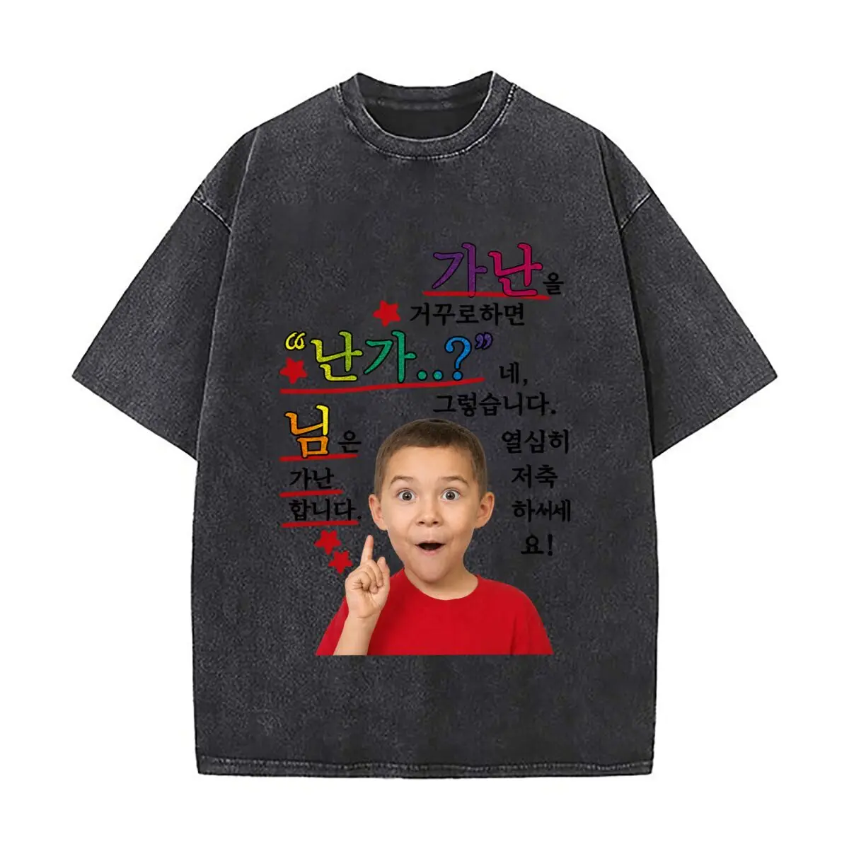 Funny Korean Meme Surprised Boy Pointing Colorful Text Graphic Design Washed Vintage Short Sleeve Loose Streetwear Tee