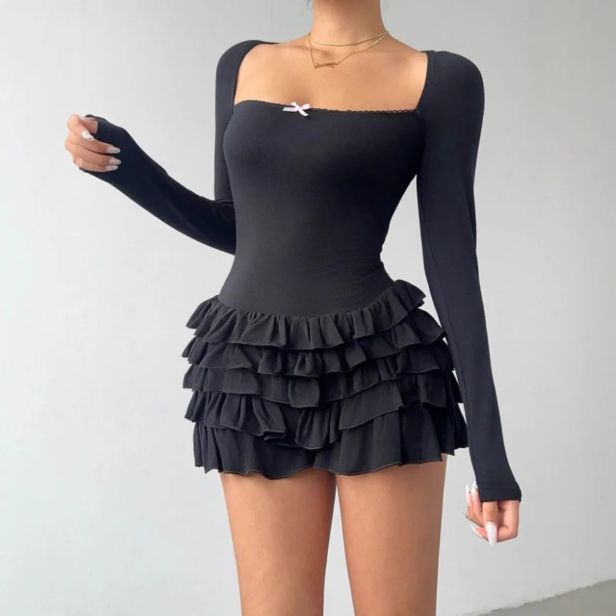 Ins Style Fashion Ruffles Cuciture in pizzo Tinta unita Classico dimagrante Manica lunga Decorazione torta Abito per donna Stile Y2K