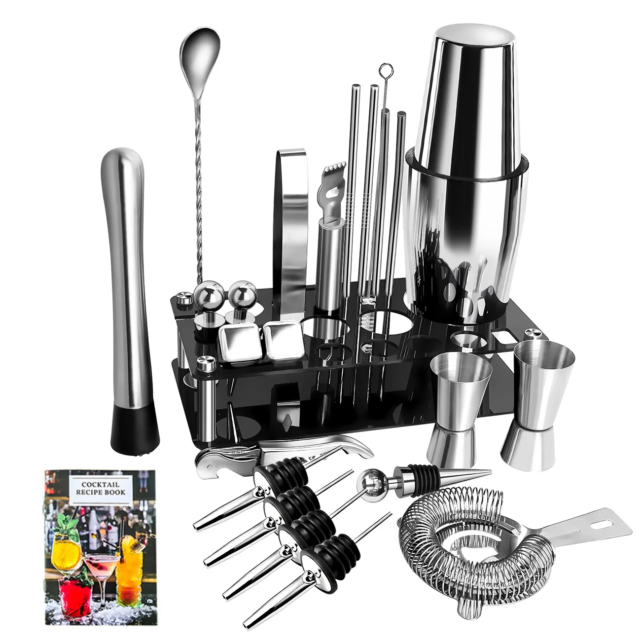 

Набор бостонских шейкеров из нержавеющей стали — с акриловой подставкой для льда, барными инструментами, трансграничными