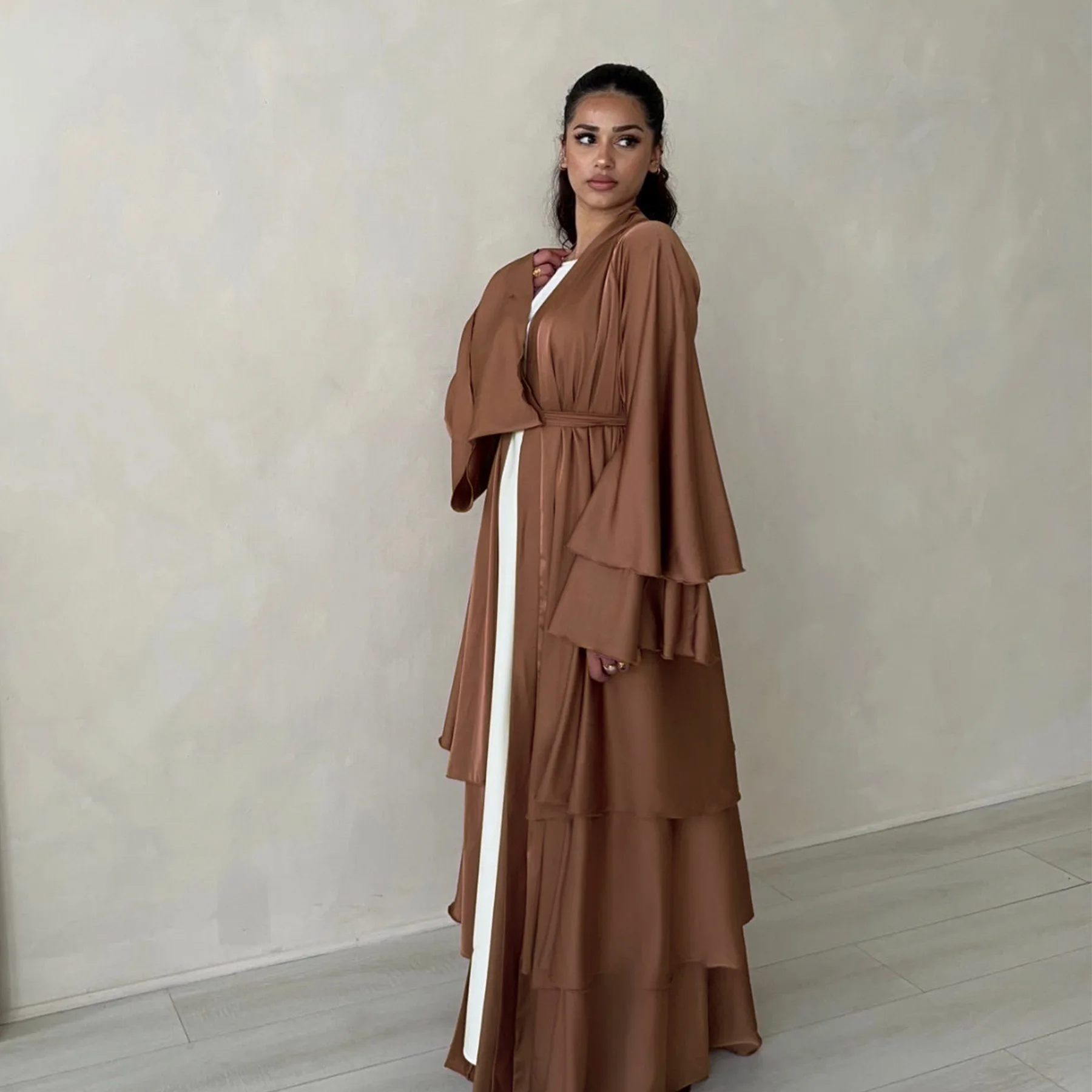 

Ramadan Eid Satin Tunic Long Sleeve Cardigan Muslim Abayas Kimono Musulmane Dubai Fashion Muslim Dress Arab Layered Abaya Outfit