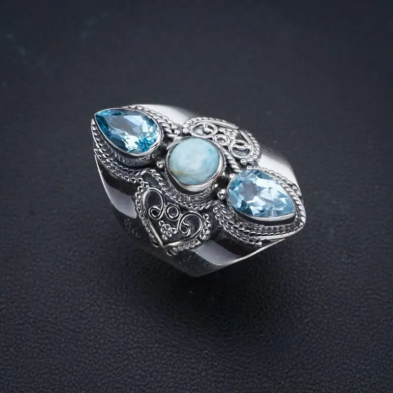 StarGems® Natural Larimar Blue Topaz Handmade 925 Sterling Silver Ring 5.75 F0898