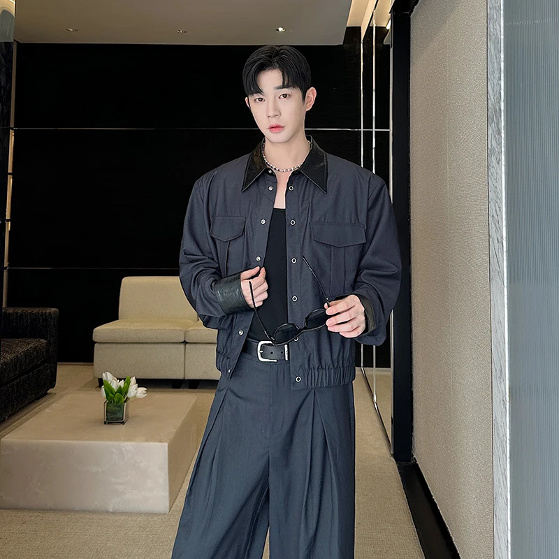 2025 Autumn Men Casual Two Piece Set Short Lapel cargo Jacket Large Pockets Snap Buttons Loose Straight Leg Pleated Waist Pants