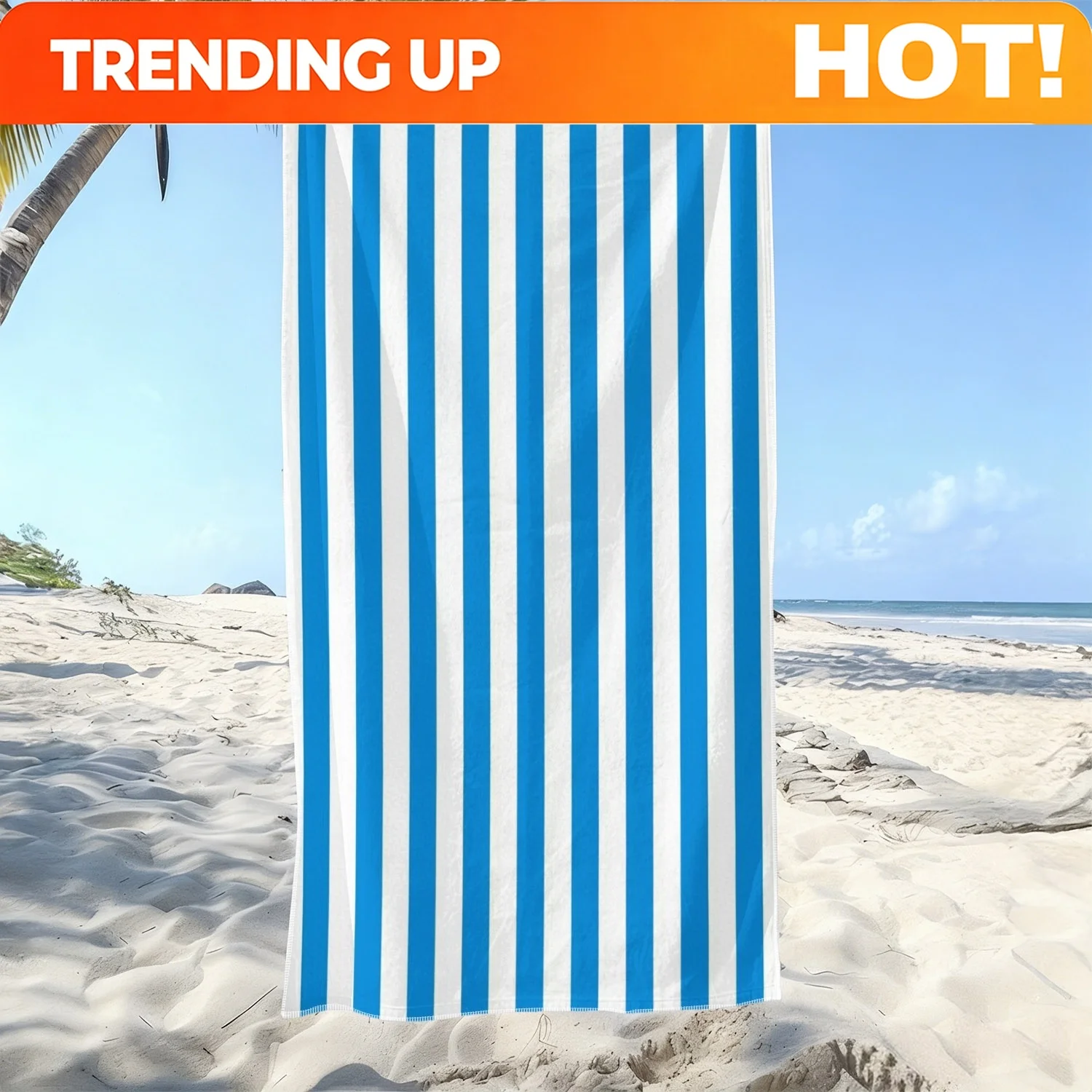 Customize 1pc Fresh Ocean Style Soft Towel, Suitable for the Beach, Blue and White Vertical Stripe Print Pattern, Microfiber Bat