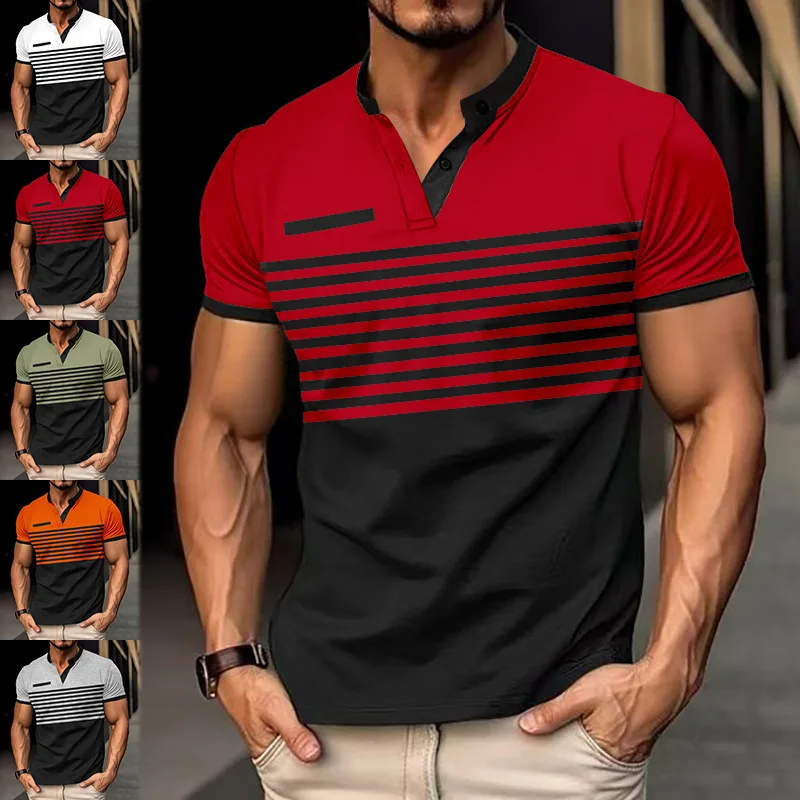 Men's Striped Color Block Henley Polo Shirt Short Sleeve Stand Collar Button Placket Casual Summer Tops