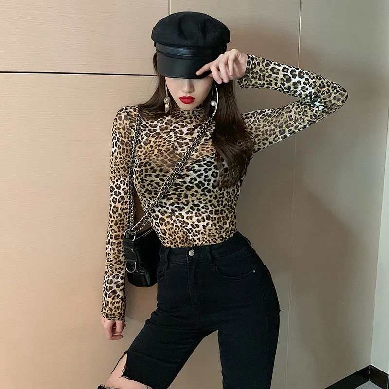 Autumn Half High Collar Leopard T-shirt Sexy Slim Long-sleeved Mesh T-shirt Perspective Bottoming Top