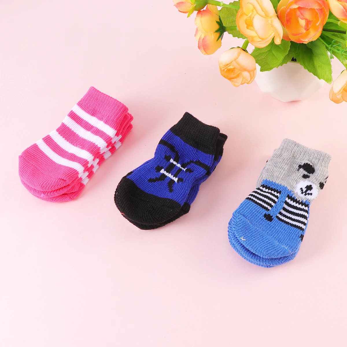 

4Pcs Anti-Slip Cotton Socks for Puppy Dogs Knitted Pet Footwear Warm Comfortable Non-Fading Odor-Free House Training Essential
