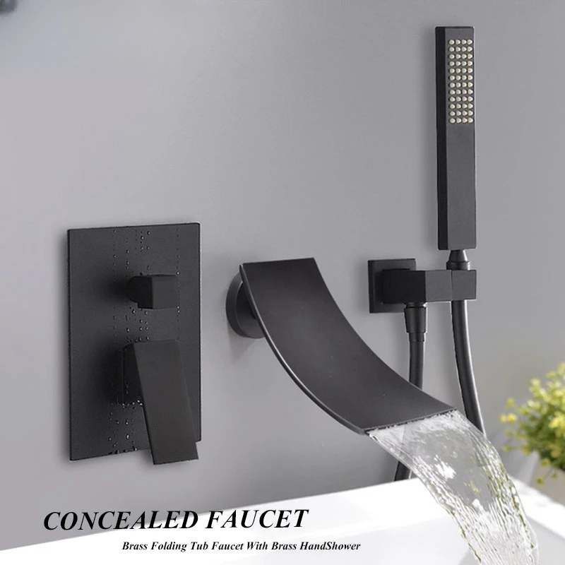 

Basin Faucet Matte Black Brass Waterfall Tub Spout Wall Mount Single Handle Hot And Cold Water Mixer Tap W/ Hand Shower