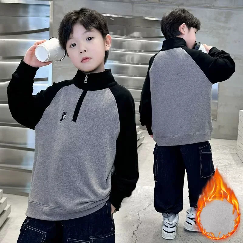 Boys DE Velvet Warm Half Zip Sweatshirt Autumn Winter 5‑14 Years Kids Cartoon Embroidery Stand Collar Pullover Tops